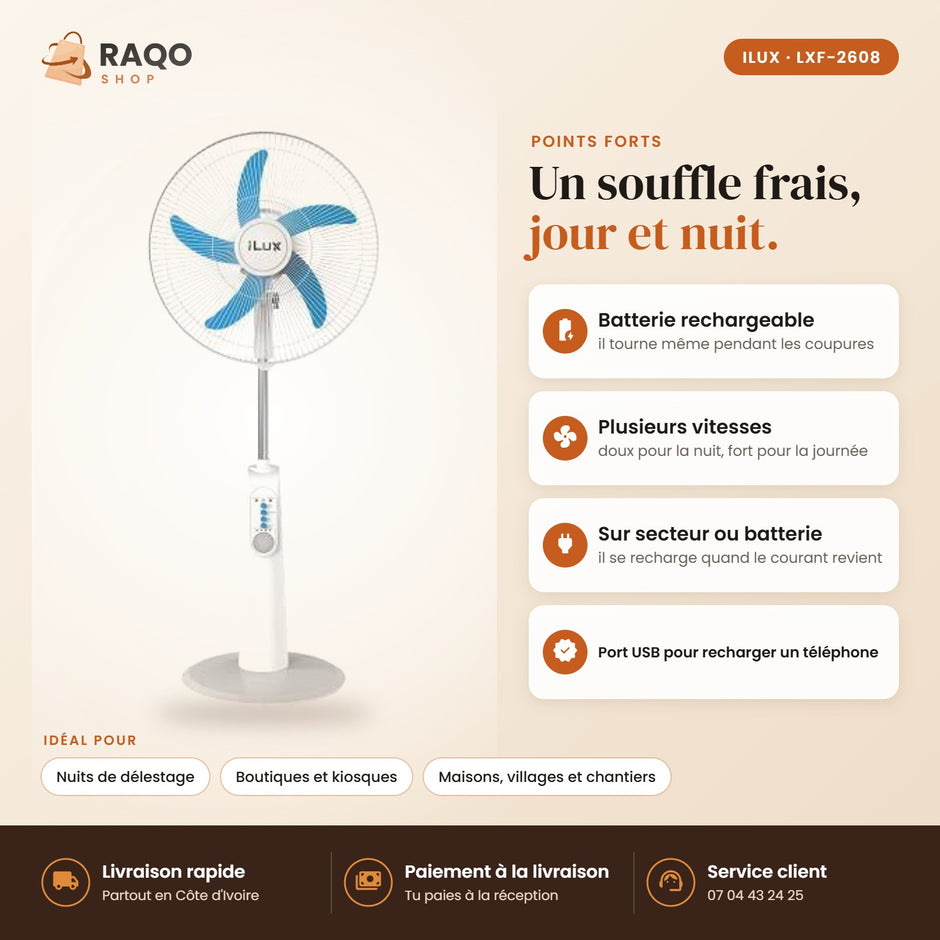 Ventilateur Rechargeable iLUX – 18" – Télécommande - RAQO (points forts)