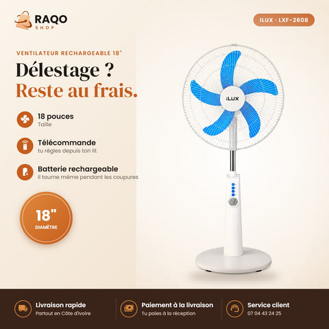 Ventilateur Rechargeable iLUX – 18" – Télécommande - RAQO