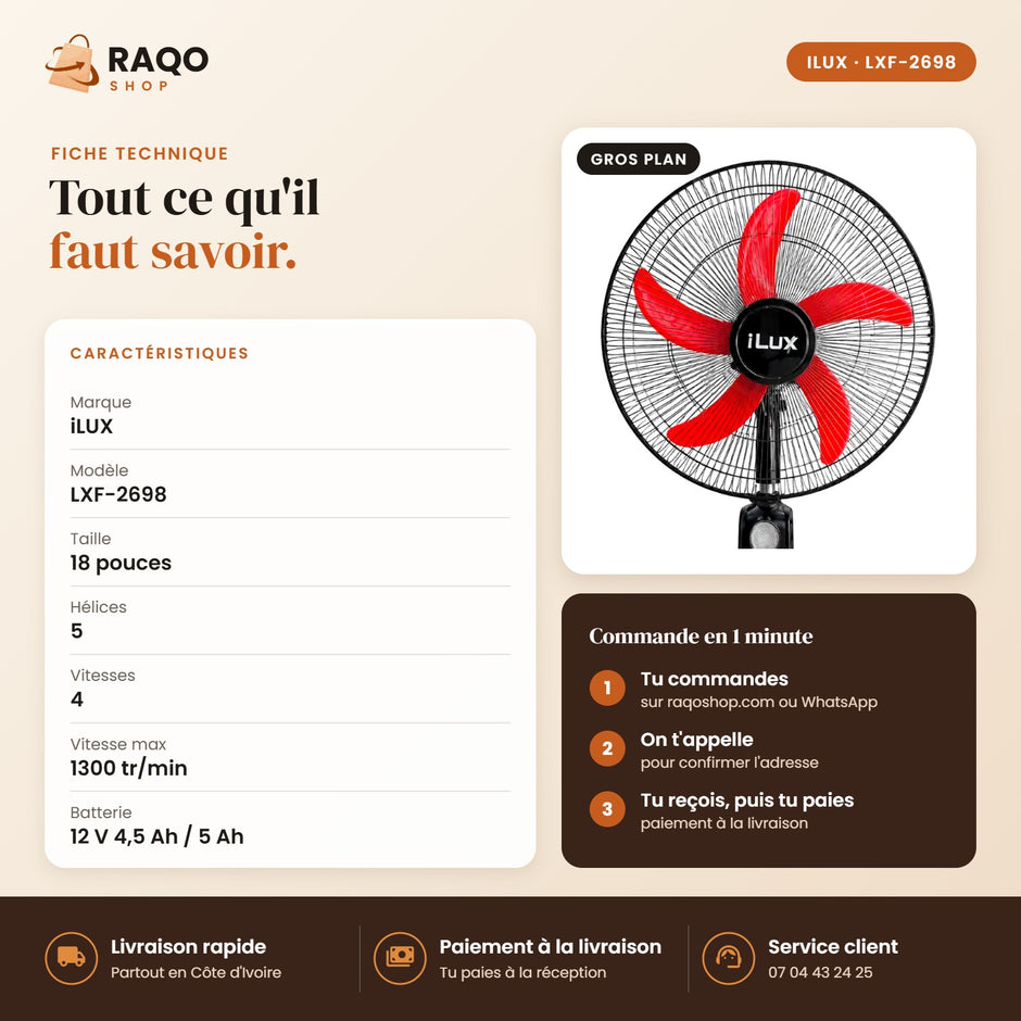 Ventilateur Rechargeable iLUX – 18" – Télécommande - RAQO (fiche technique)