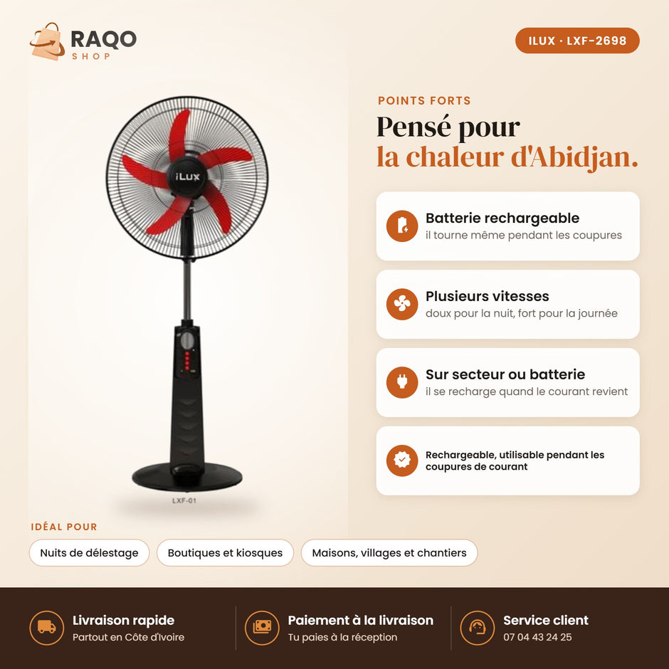 Ventilateur Rechargeable iLUX – 18" – Télécommande - RAQO (points forts)