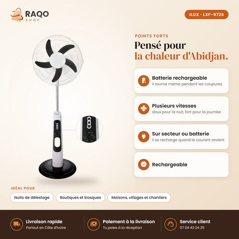 Ventilateur Rechargeable iLUX – 18" – Télécommande - RAQO (points forts)