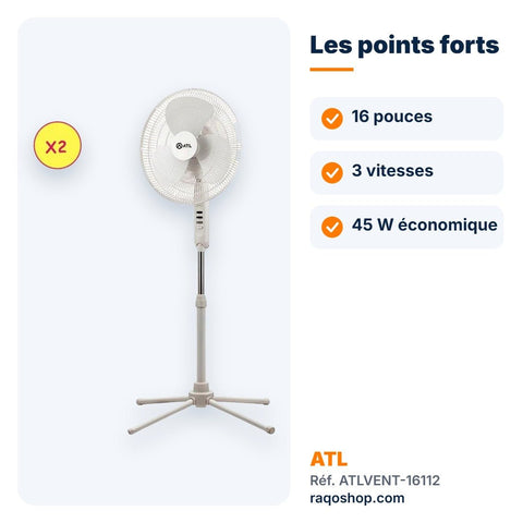 Ventilateur sur pied ATL 16" 3 vitesses 45W blanc – ATLVENT-16112 - RAQO