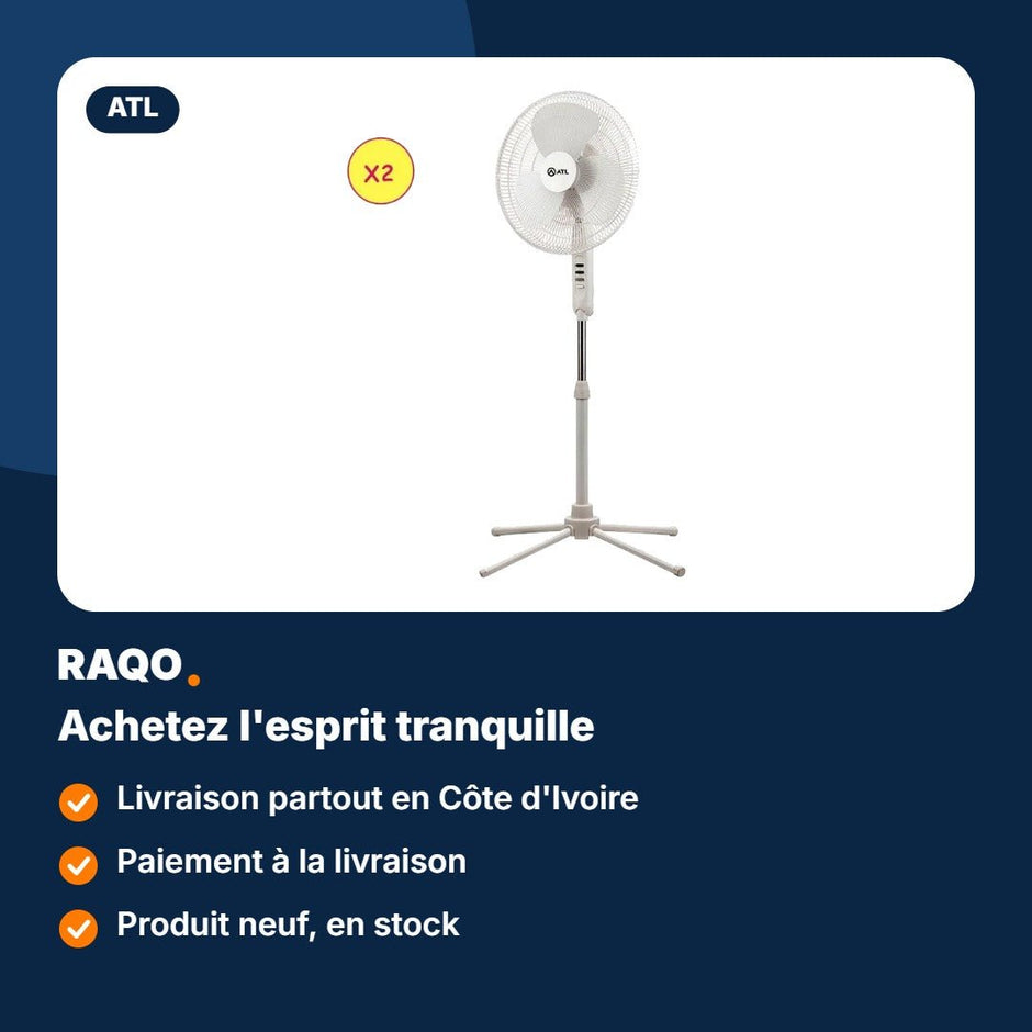 Ventilateur sur pied ATL 16" 3 vitesses 45W blanc – ATLVENT-16112 - RAQO