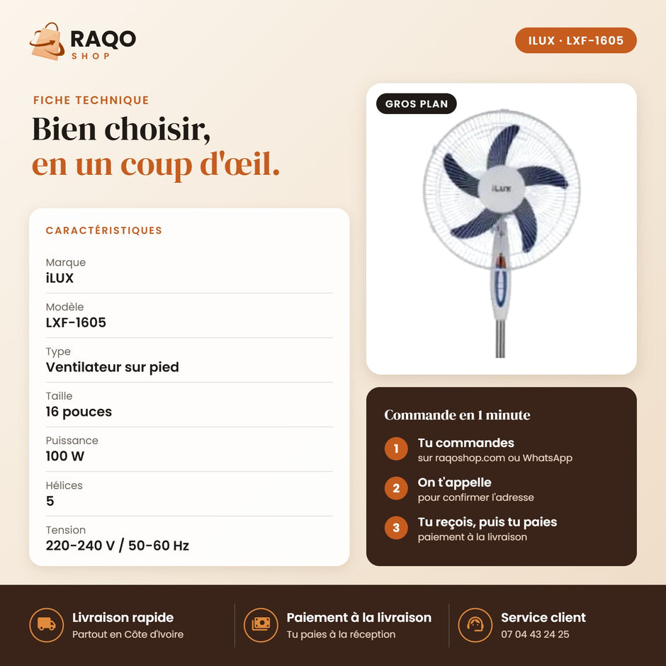 Ventilateur sur Pied iLUX – 16" - RAQO (fiche technique)