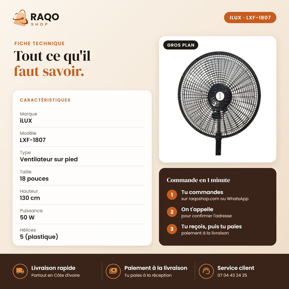 Ventilateur sur Pied iLUX – 18" - RAQO (fiche technique)