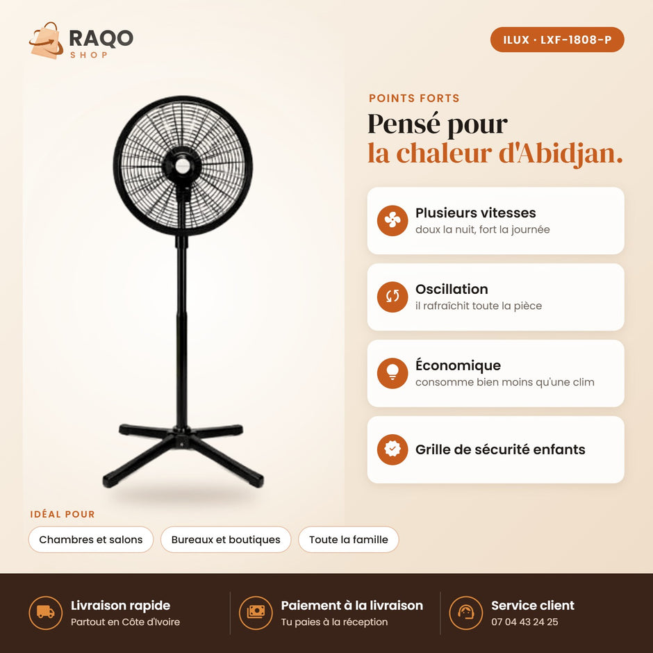 Ventilateur sur Pied iLUX – 18" - RAQO (points forts)