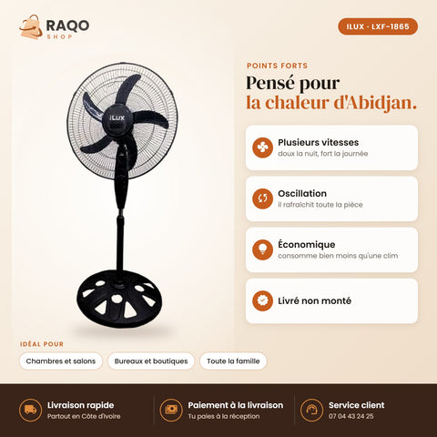 Ventilateur sur Pied iLUX – 18" - RAQO (points forts)