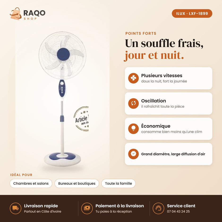 Ventilateur sur Pied iLUX – 18" - RAQO (points forts)