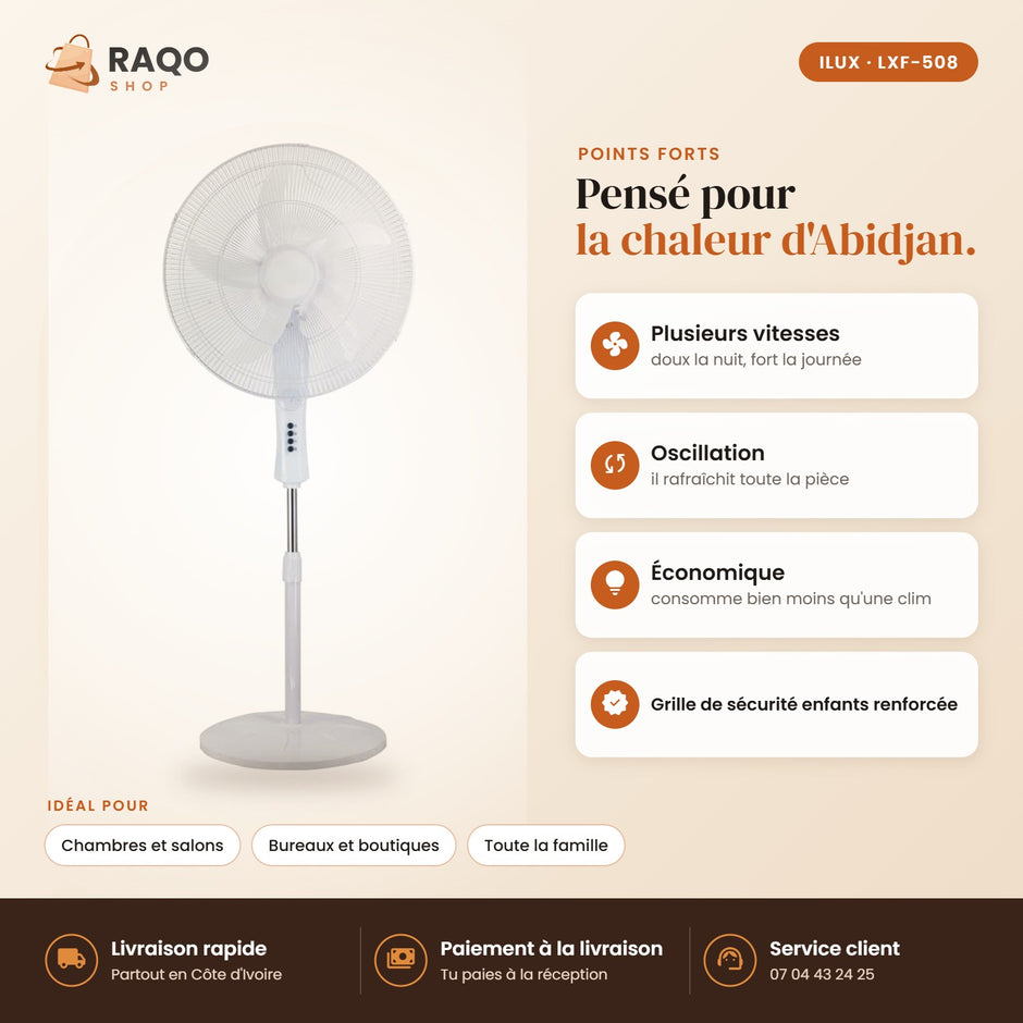 Ventilateur sur Pied iLUX – 20" - RAQO (points forts)