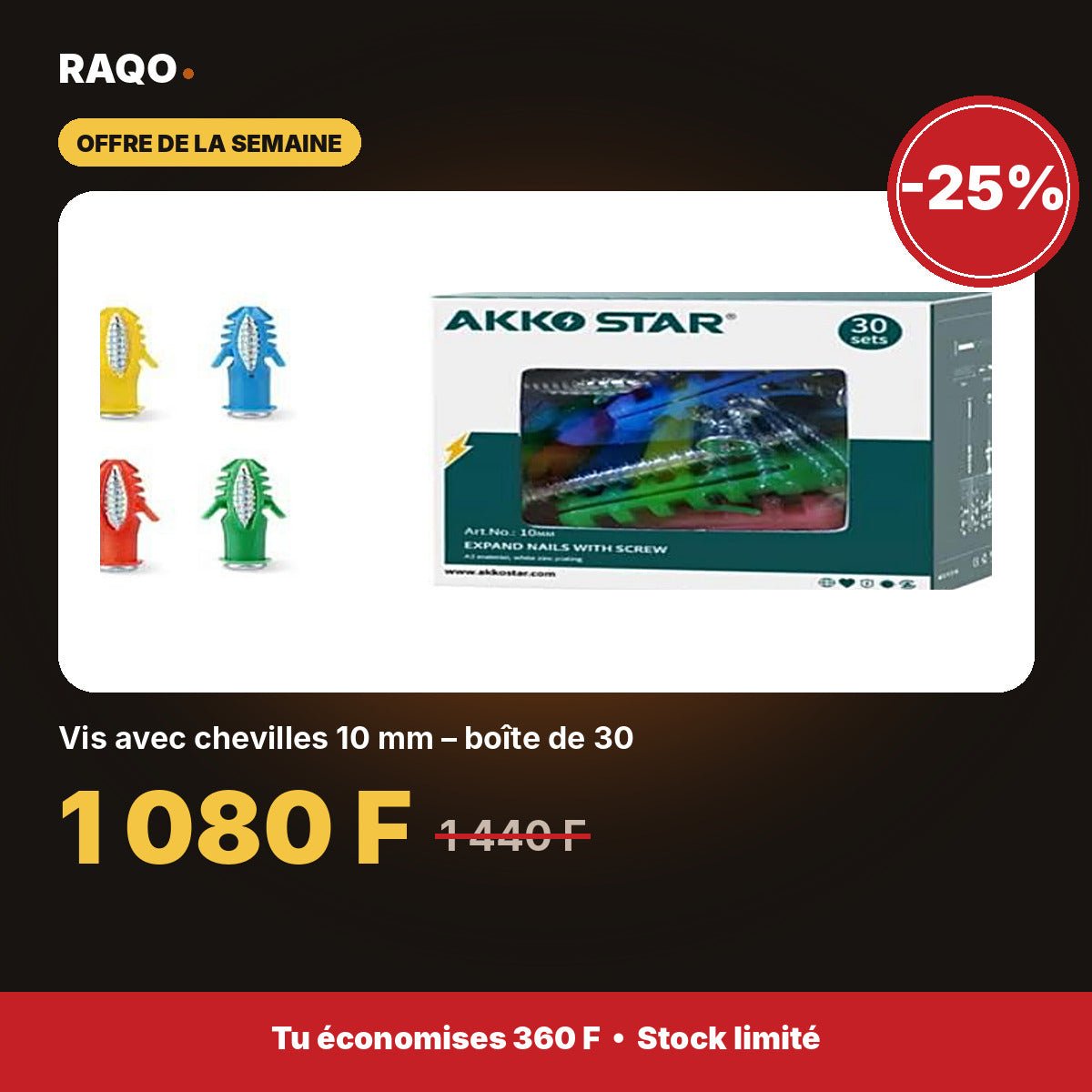 Vis avec chevilles 10 mm – boîte de 30 | Akko Star - RAQO