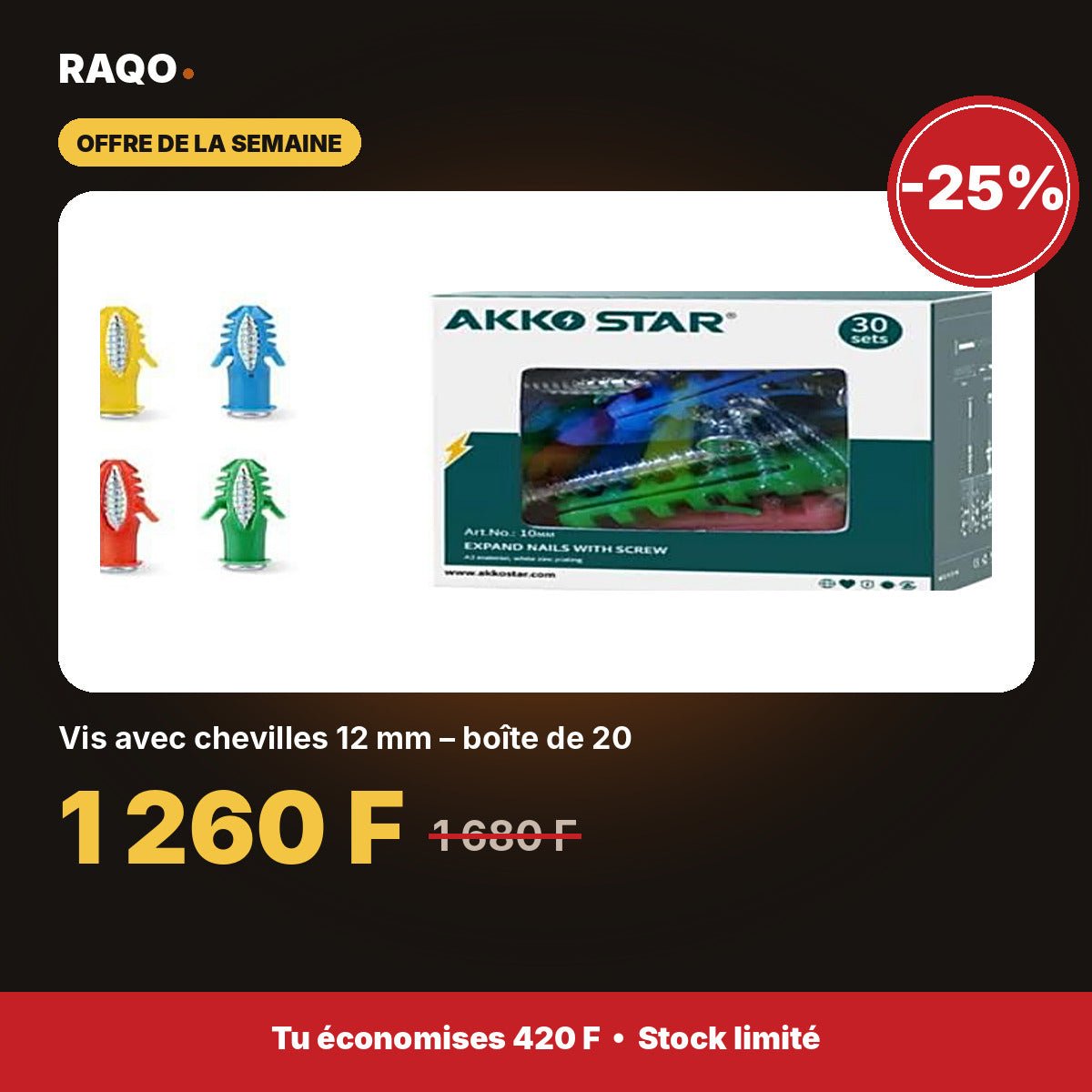 Vis avec chevilles 12 mm – boîte de 20 | Akko Star - RAQO
