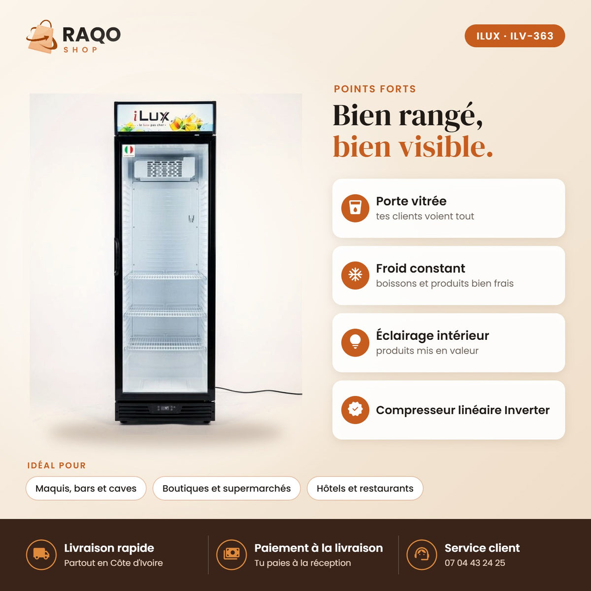 Vitrine Réfrigérée iLUX – 363 L - RAQO (points forts)