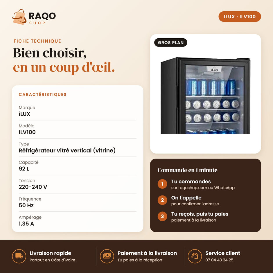 Vitrine Réfrigérée iLUX – 92 L - RAQO (fiche technique)
