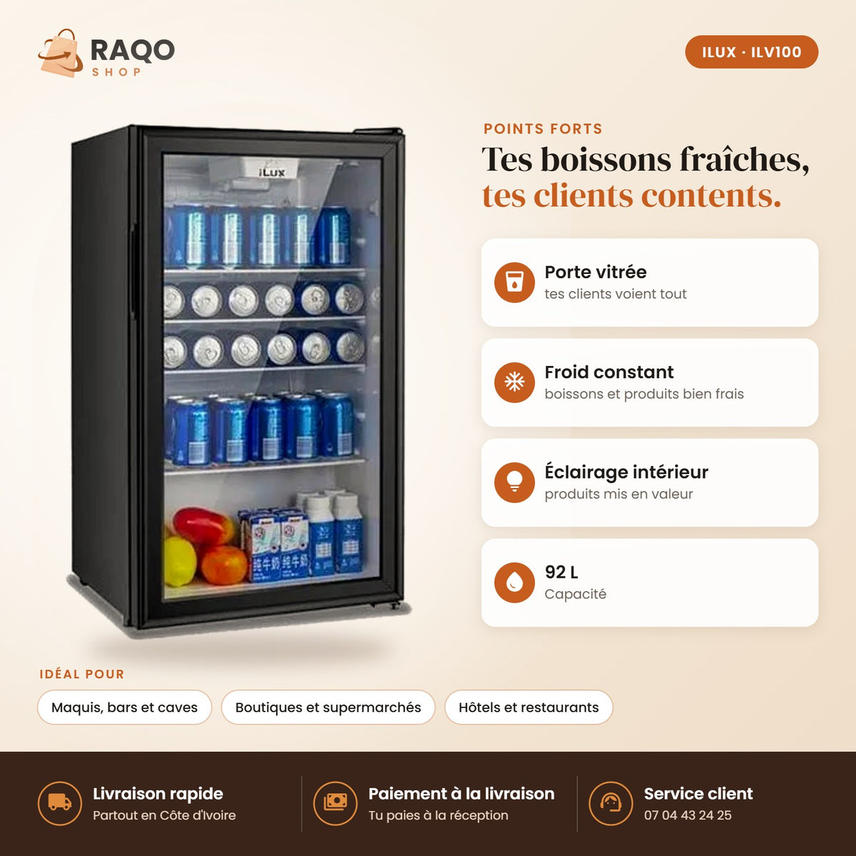 Vitrine Réfrigérée iLUX – 92 L - RAQO (points forts)
