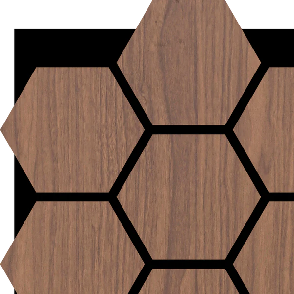 ANTI-BRUIT Panneau acoustique hexagonal en bois de noyer avec support en feutre noir