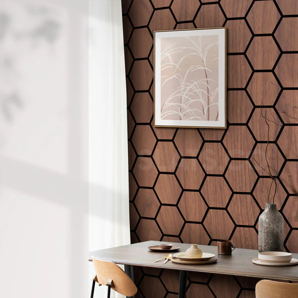 ANTI-BRUIT Panneau acoustique hexagonal en bois de noyer avec support en feutre noir