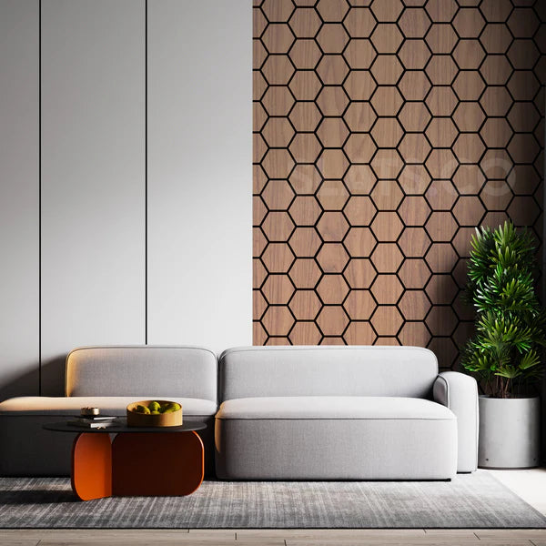 ANTI-BRUIT Panneau acoustique hexagonal en bois de noyer avec support en feutre noir