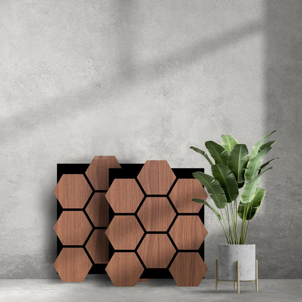 ANTI-BRUIT Panneau acoustique hexagonal en bois de noyer avec support en feutre noir